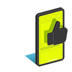 An isometric illustration of a cell phone with a thumbs up.