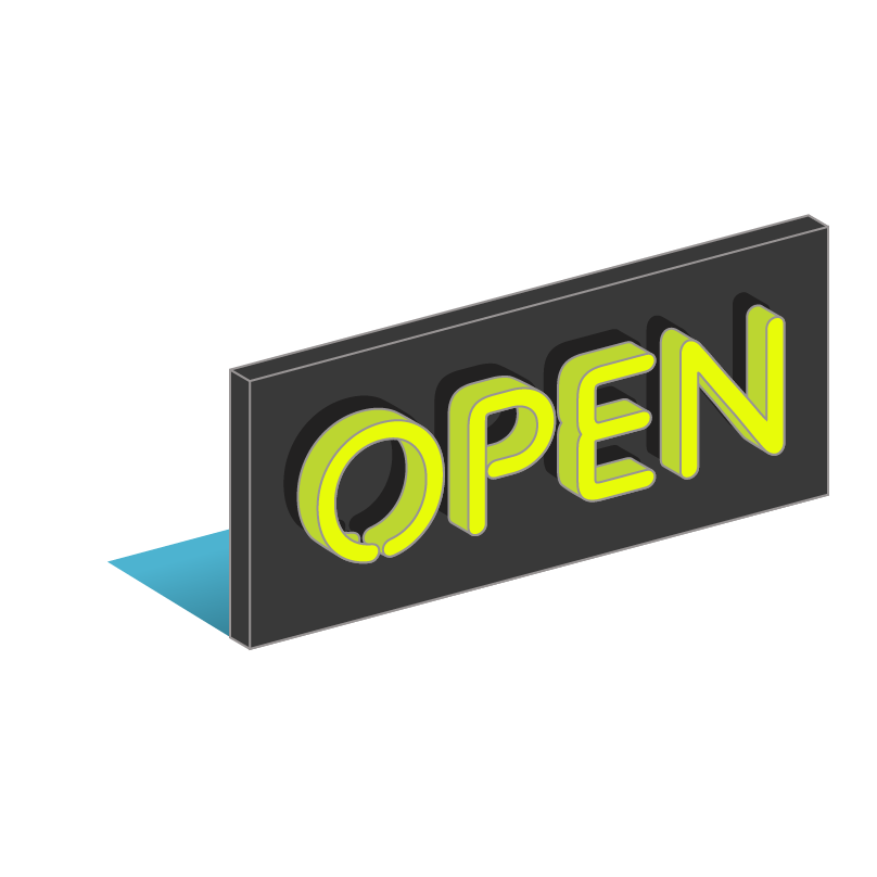 A black and yellow open sign with a blue shadow on a white background.