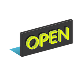 A black and yellow open sign with a blue shadow on a white background.