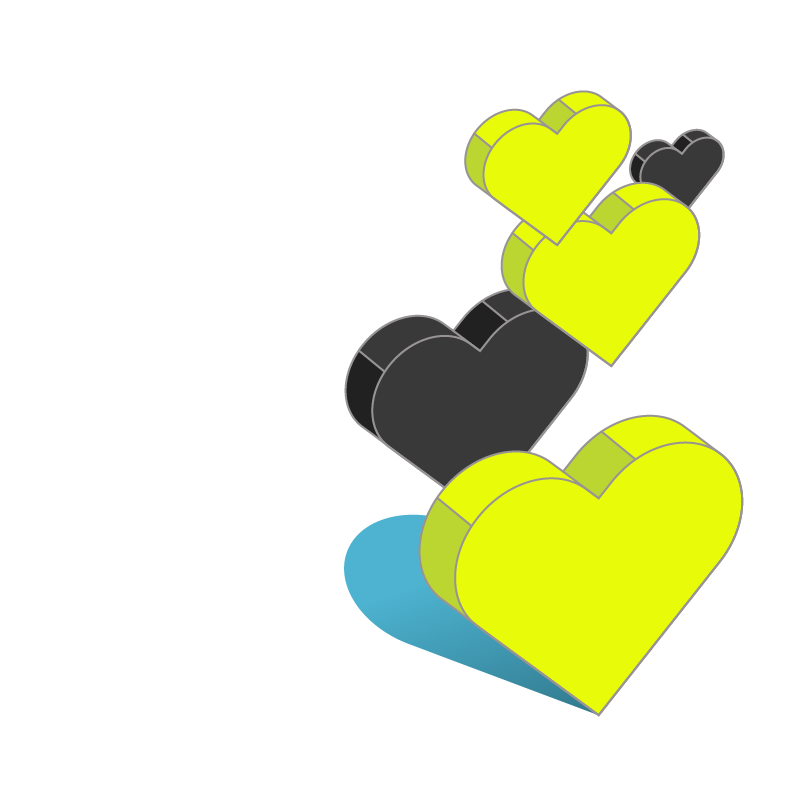Three yellow and black hearts are stacked on top of each other on a white background.