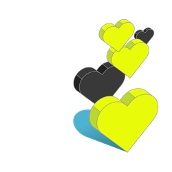 Three yellow and black hearts are stacked on top of each other on a white background.