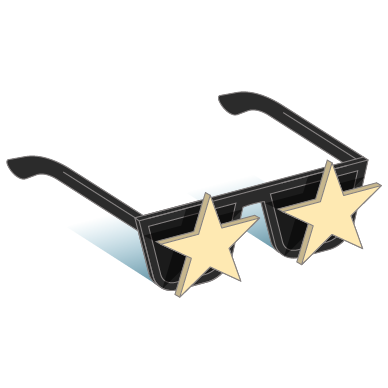 Black sunglasses with yellow star-shaped lenses.