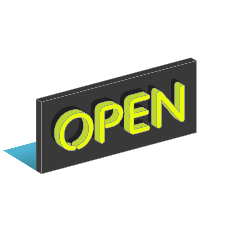 A black and yellow open sign with a shadow on a white background.