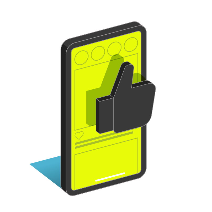 An isometric illustration of a cell phone with a thumbs up sign on it.