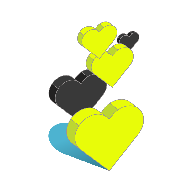 Three yellow and black hearts are stacked on top of each other on a white background.