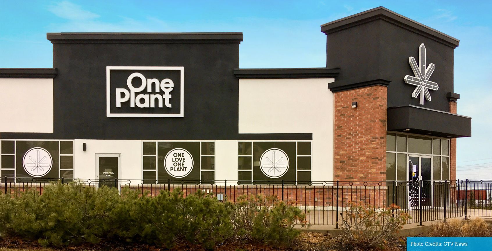 A one plant store with a clock on the side of it.