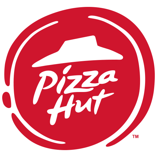 A pizza hut logo in a red circle