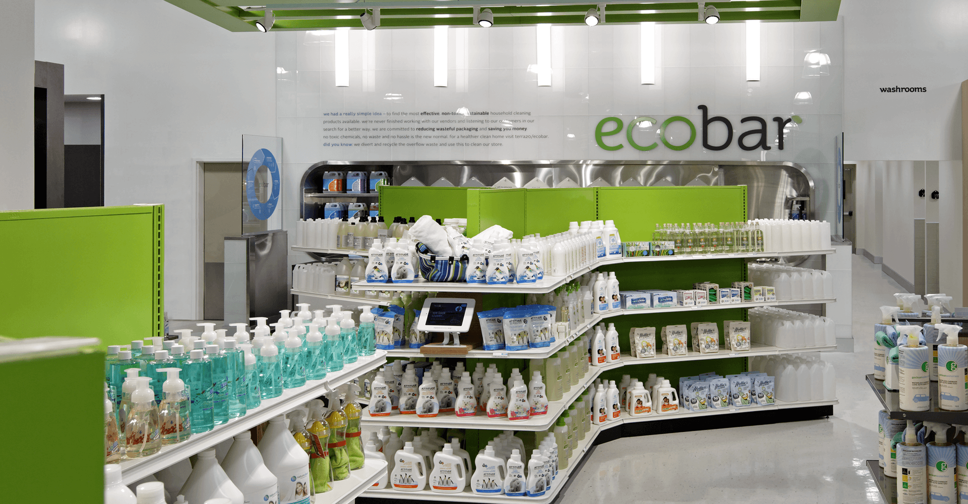 A store filled with lots of cleaning products and a sign that says ecobar