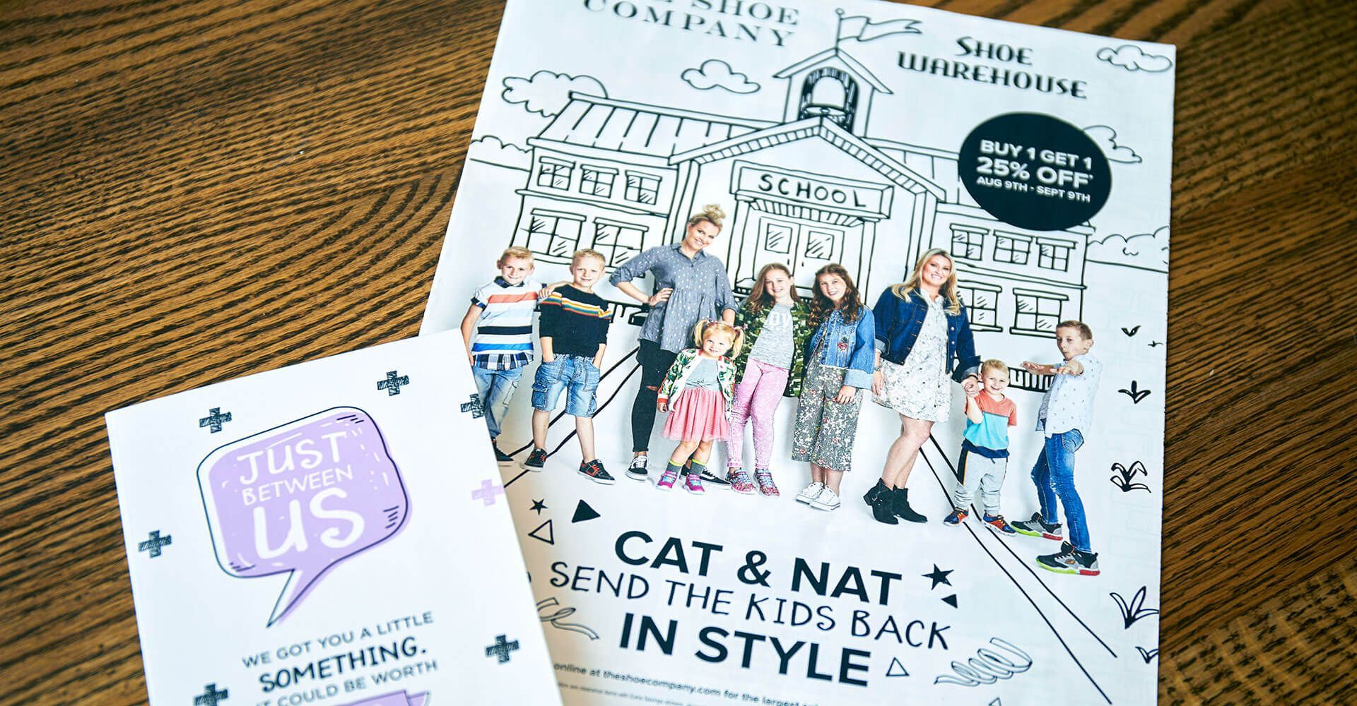 A magazine and a card are on a wooden table.