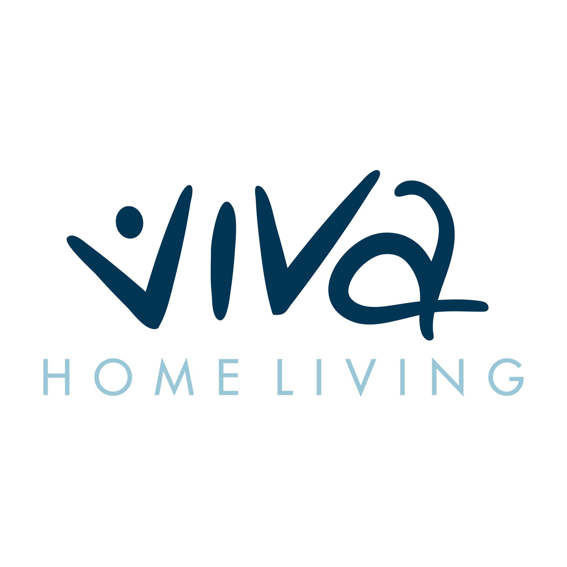 A blue logo for viva home living on a white background