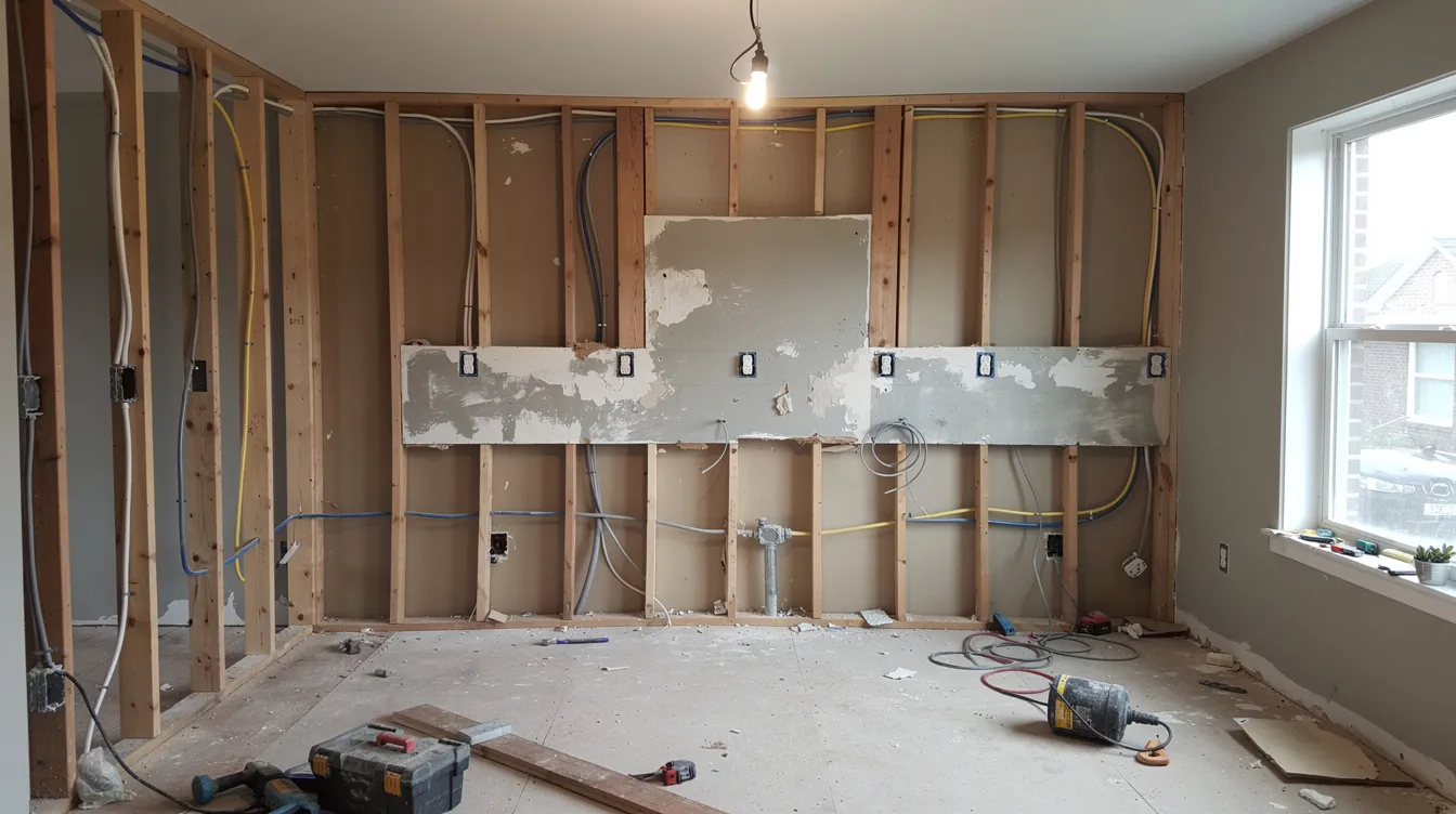 The image depicts a kitchen renovation in progress, showcasing exposed walls and new electrical wiring, indicative of the planning stages of a kitchen remodeling project. This transformation highlights the work of a trusted kitchen remodeling company focused on creating a new kitchen layout that enhances both style and functionality.
