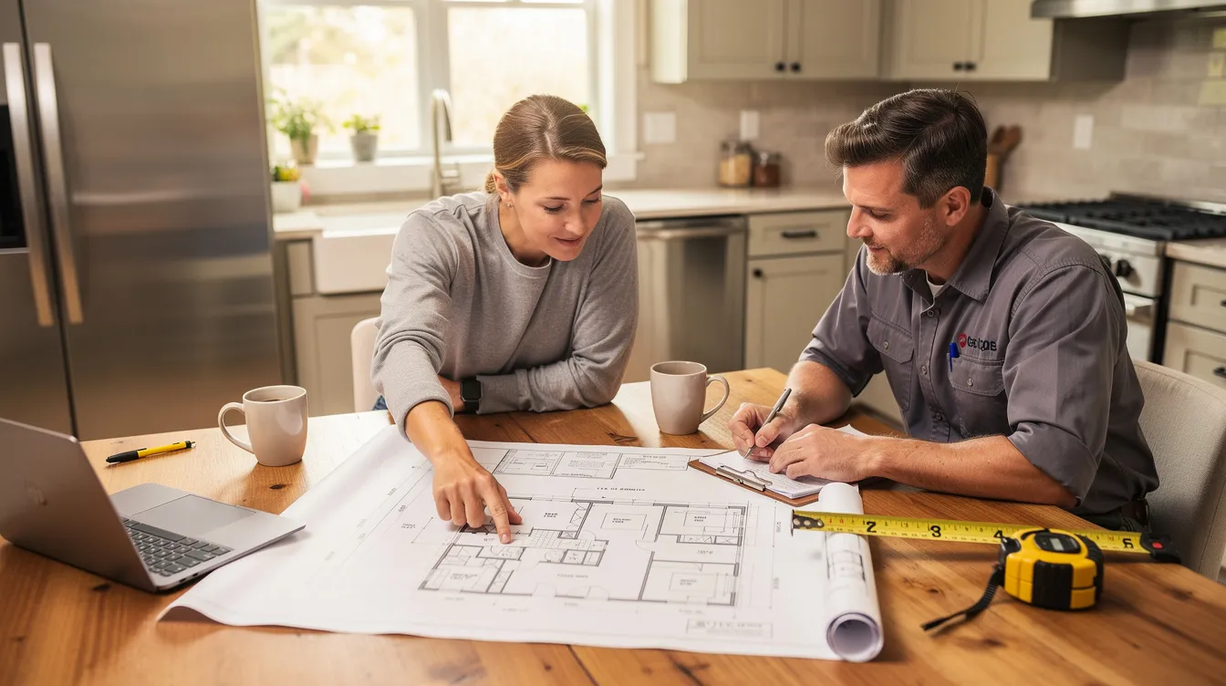 The image shows a homeowner and a contractor sitting at a kitchen table, intently reviewing renovation plans for a remodeling project. They appear engaged in discussion, likely focusing on details related to kitchen design and custom cabinetry for a full remodel in New Jersey.
