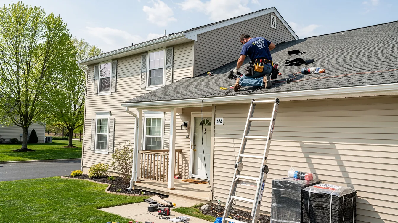 A roofing contractor is seen at work on a residential home in Essex County, NJ, carefully inspecting and repairing the roof to ensure protection against leaks and heavy rainfall. The contractor is using quality materials and tools, demonstrating the essential roofing services that Essex County homeowners can rely on for roof replacements and maintenance.