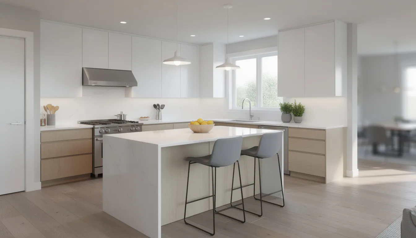 The image features a modern kitchen with an L-shaped layout, showcasing a stylish peninsula that includes bar seating for casual dining. This space highlights the beauty and functionality of kitchen remodeling, perfect for enhancing the existing home in central New Jersey.