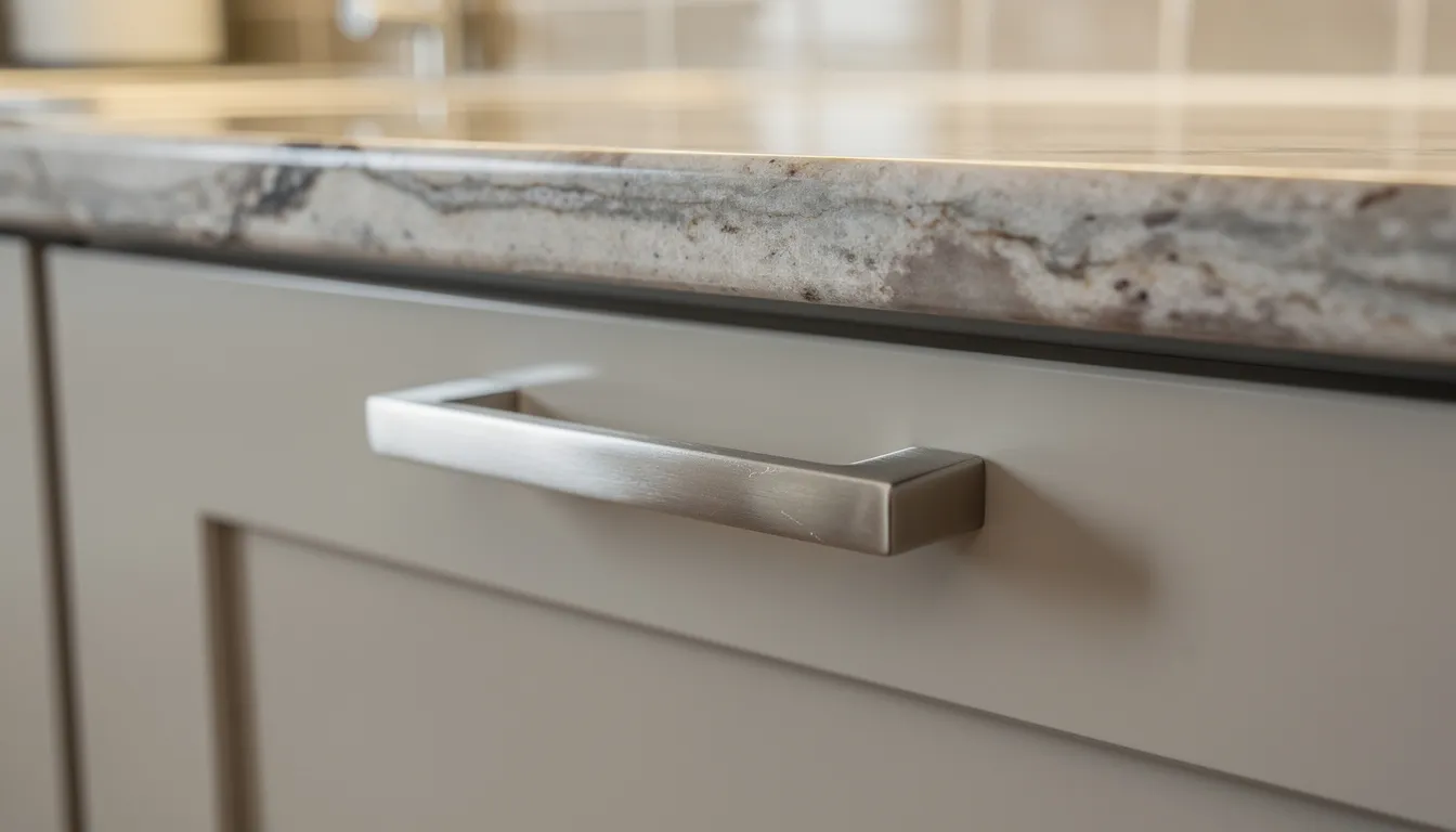The image features a close-up view of stylish kitchen cabinet hardware set against a luxurious granite countertop and a modern tile backsplash, highlighting the quality and design elements of kitchen remodeling. This showcases the attention to detail that homeowners can expect in their kitchen redesign projects in Bergen County.
