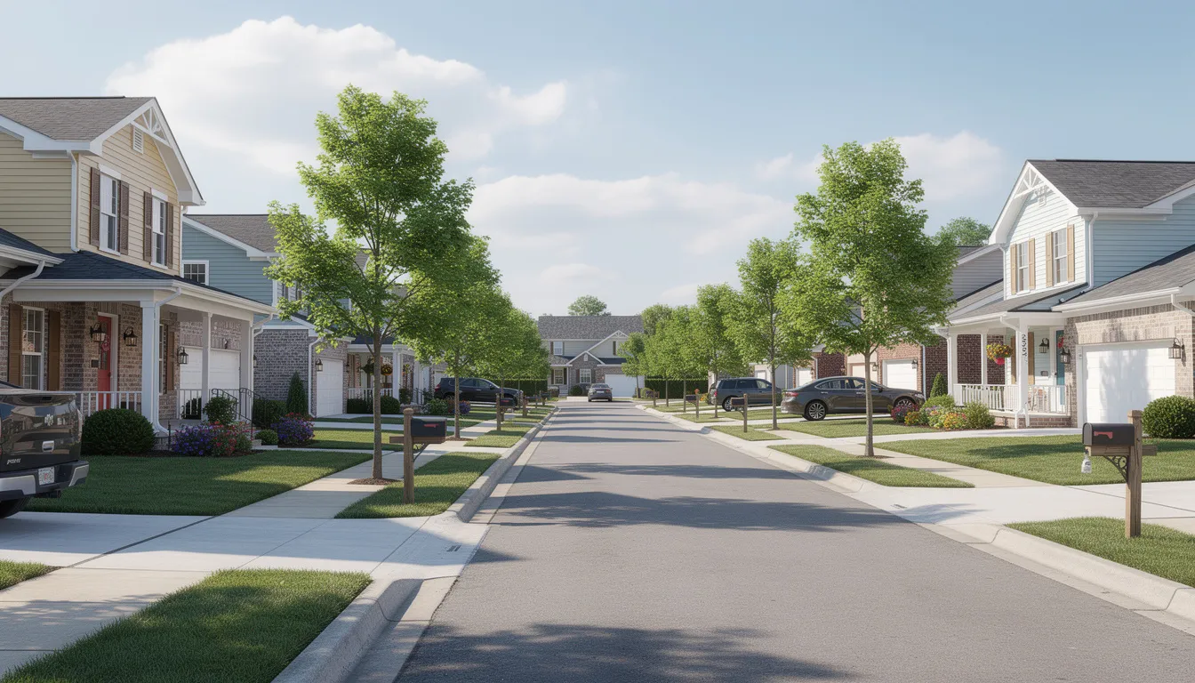 The image depicts a peaceful residential street lined with well-maintained single-family homes, showcasing the charm of a suburban neighborhood. This inviting atmosphere highlights the potential for kitchen remodeling and renovations, making it a perfect setting for homeowners looking to enhance their living spaces in Bergen County.