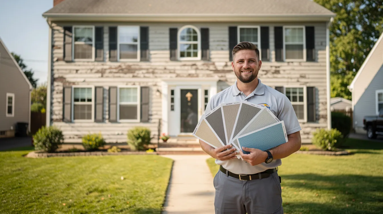 Man holding color swatches in front of a suburban house on a sunny lawn
