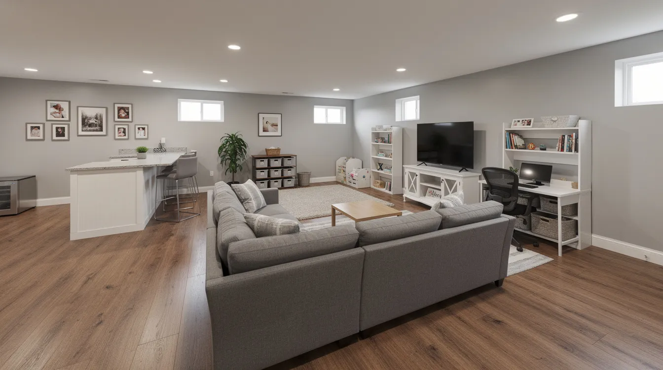 The image depicts a beautifully finished basement in a typical New Jersey home, showcasing modern design elements such as large windows, comfortable furnishings, and a well-organized space perfect for relaxation or entertainment. This basement remodeling project highlights the transformation capabilities of construction services in Sussex County, NJ, enhancing the overall comfort and functionality of the home.