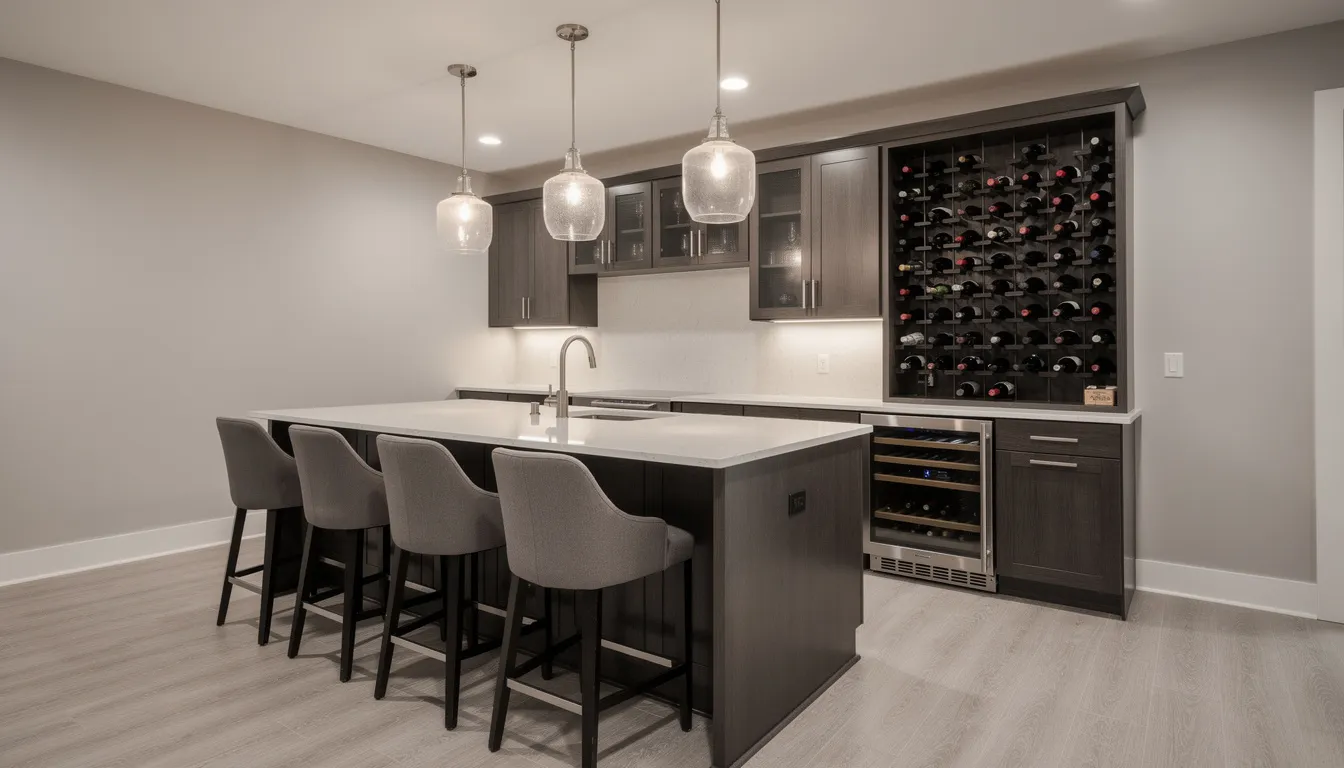 Modern basement bar with island seating, wine storage, and pendant lights.
