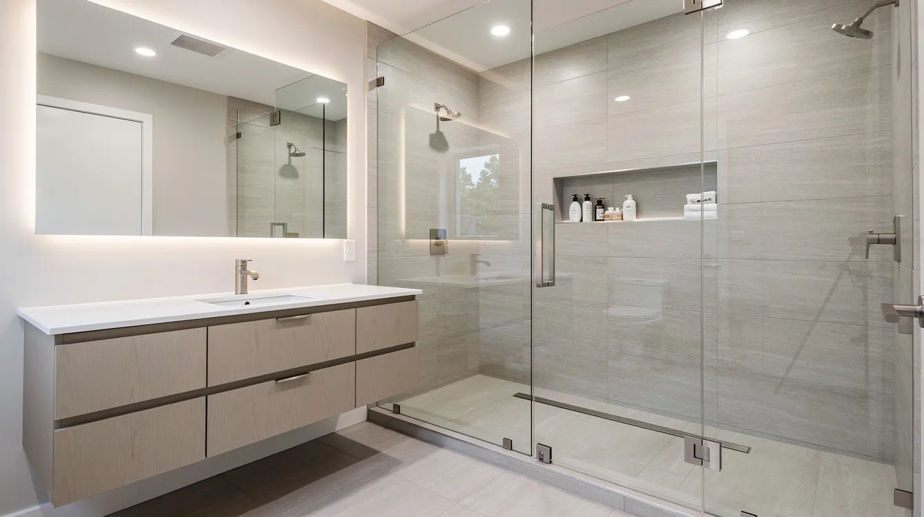 The image showcases a modern bathroom renovation featuring a glass-enclosed walk-in shower and neutral porcelain tile walls, complemented by a sleek freestanding vanity with brushed nickel fixtures. This stylish design reflects the attention to detail and professionalism typical of successful bathroom remodeling projects.