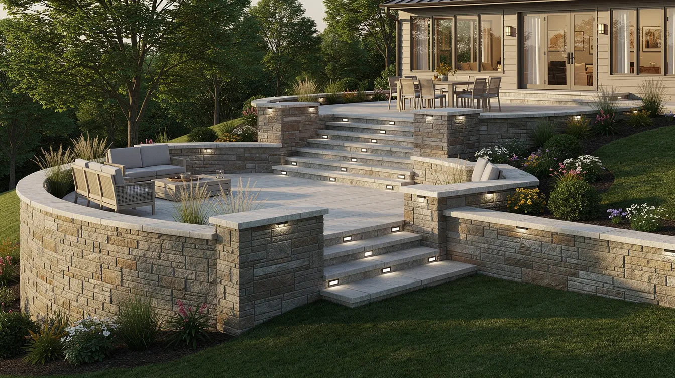 The image features a multi-level stone patio with built-in steps and retaining walls, elegantly designed to create visual interest in a sloped backyard. The patio showcases a combination of natural stone and concrete pavers, providing an inviting outdoor living space perfect for relaxation and entertaining.