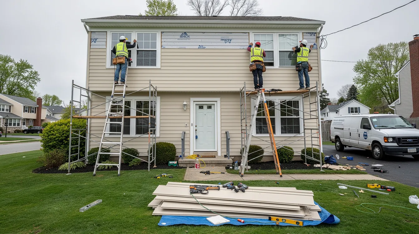 A siding crew is seen installing new fiber cement siding panels on a suburban New Jersey home, showcasing the installation process that enhances the home's exterior with a durable and low maintenance solution. The image highlights the professional contractors using specialized tools to ensure proper installation, emphasizing the curb appeal and energy efficiency benefits of this choice compared to vinyl siding.