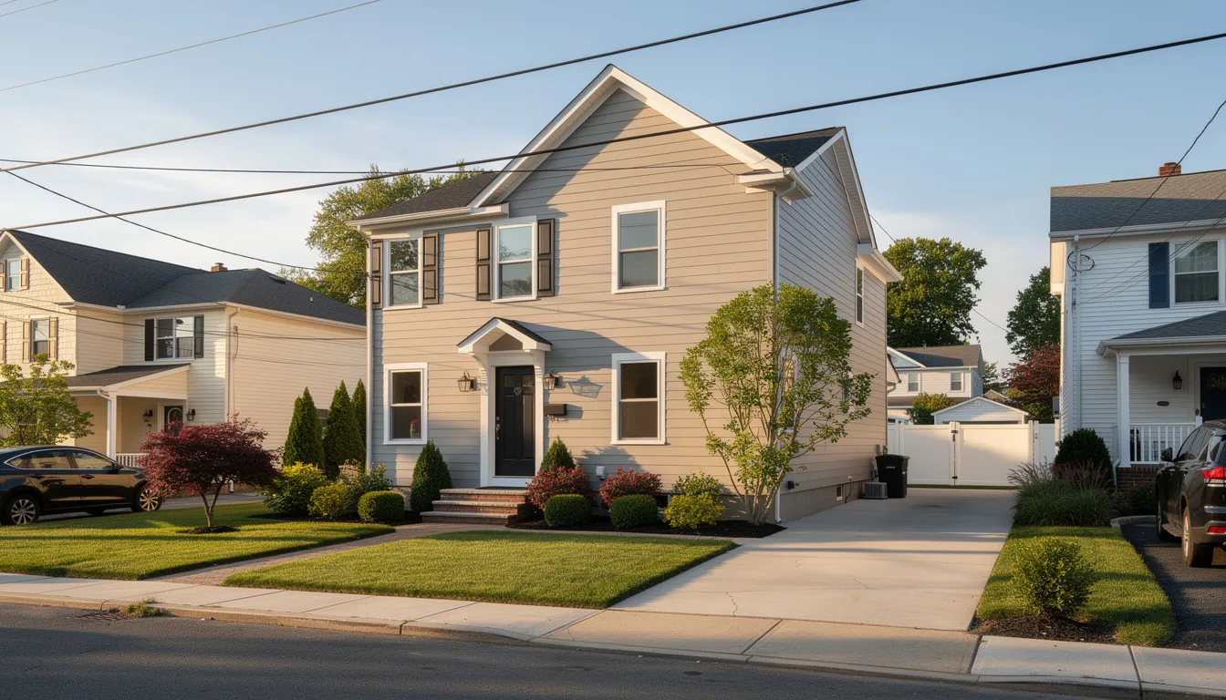 The image depicts a residential home in a New Jersey neighborhood showcasing fresh siding installati