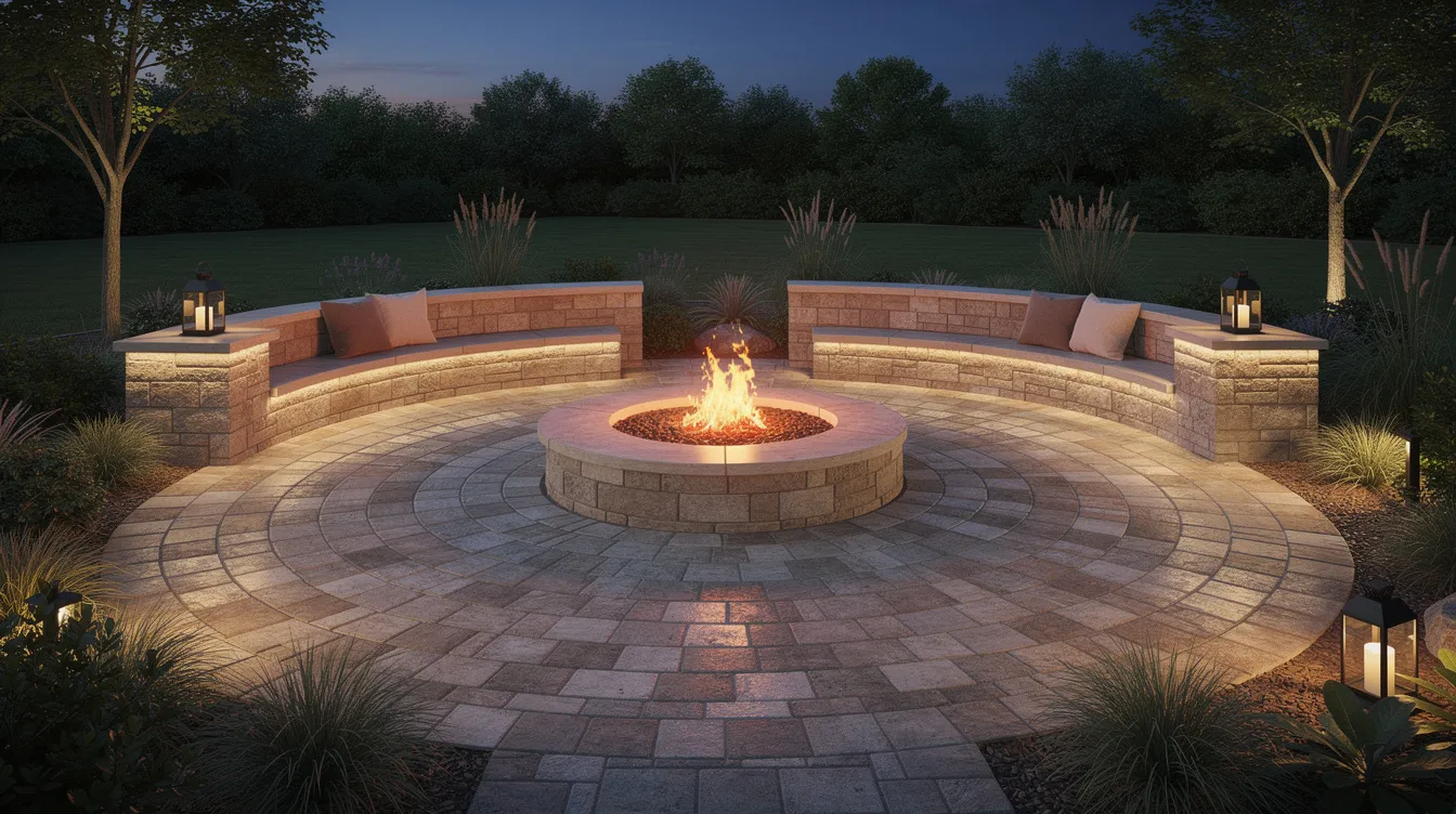 The image depicts a circular paver patio featuring a stone fire pit at its center, surrounded by low seating walls, all illuminated by soft evening lighting. This outdoor living space showcases a harmonious blend of concrete pavers and natural stone, creating a cozy and inviting atmosphere for gatherings.