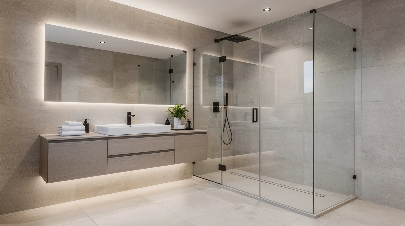 The image depicts a modern en suite bathroom featuring a frameless glass walk-in shower, a floating wood vanity with open shelving, and neutral floor and wall tiles that create a cohesive and airy feel. Soft lighting enhances the spa-like atmosphere, making this space an inviting retreat for relaxation.