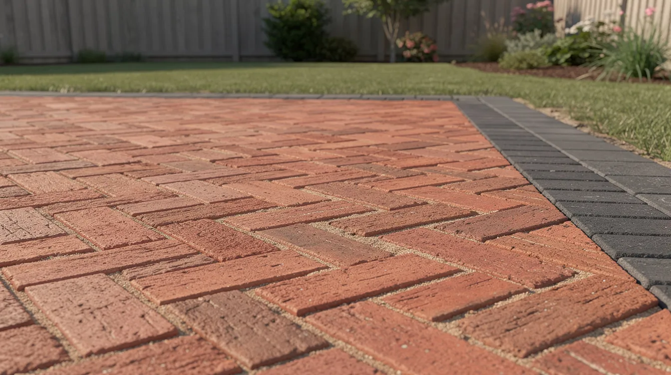 A close-up view of a red brick herringbone pattern patio showcases the intricate design, bordered by dark concrete pavers that create a striking contrast. This outdoor space in a suburban backyard exemplifies stylish patio ideas, combining traditional aesthetics with modern functionality.