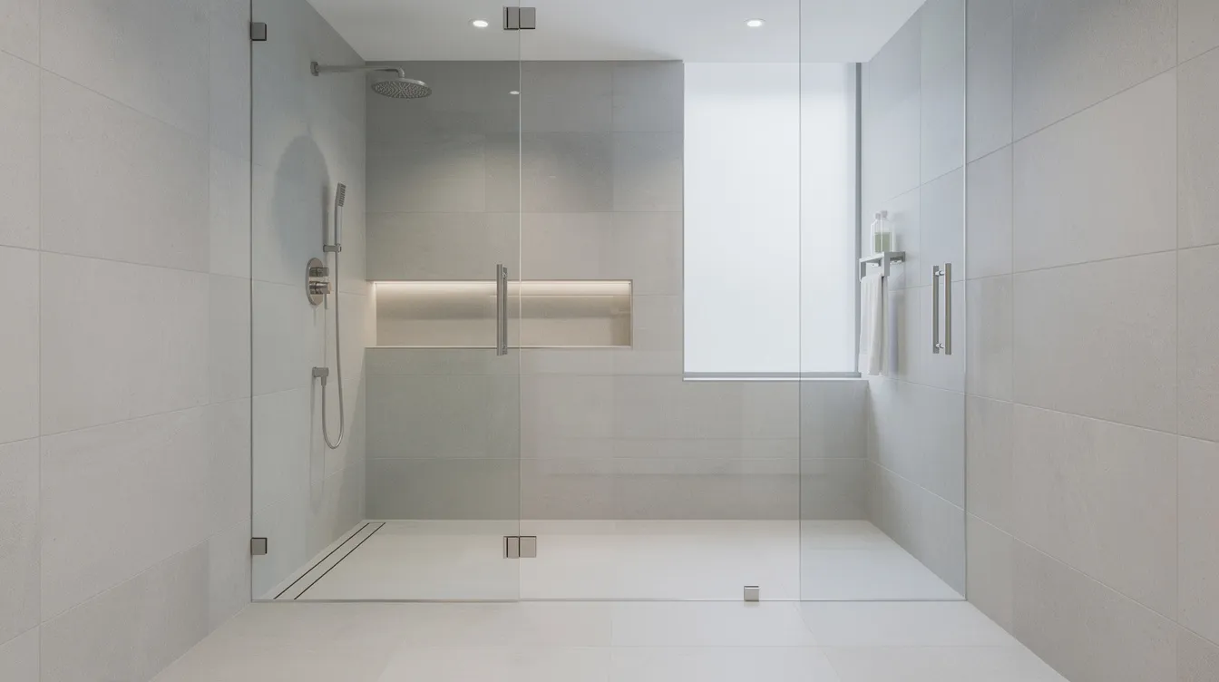 This image showcases a spacious walk-in curbless shower featuring a sleek frameless glass enclosure and stylish large format porcelain tile, ideal for a modern bathroom remodel. The design emphasizes functionality and elegance, making it a perfect choice for New Jersey homeowners looking to transform their bathroom space.