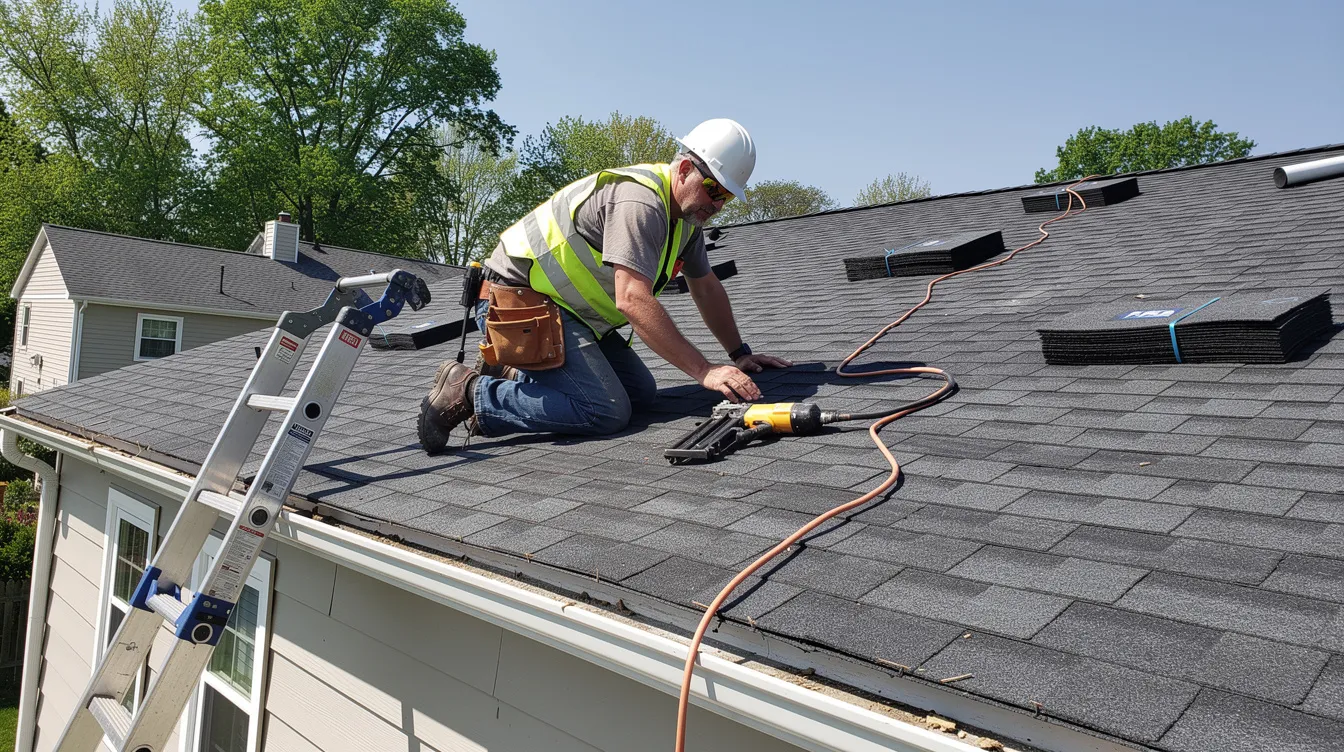 Worker kneeling on a shingled roof, using tools to repair roofing near a ladder and safety rope.