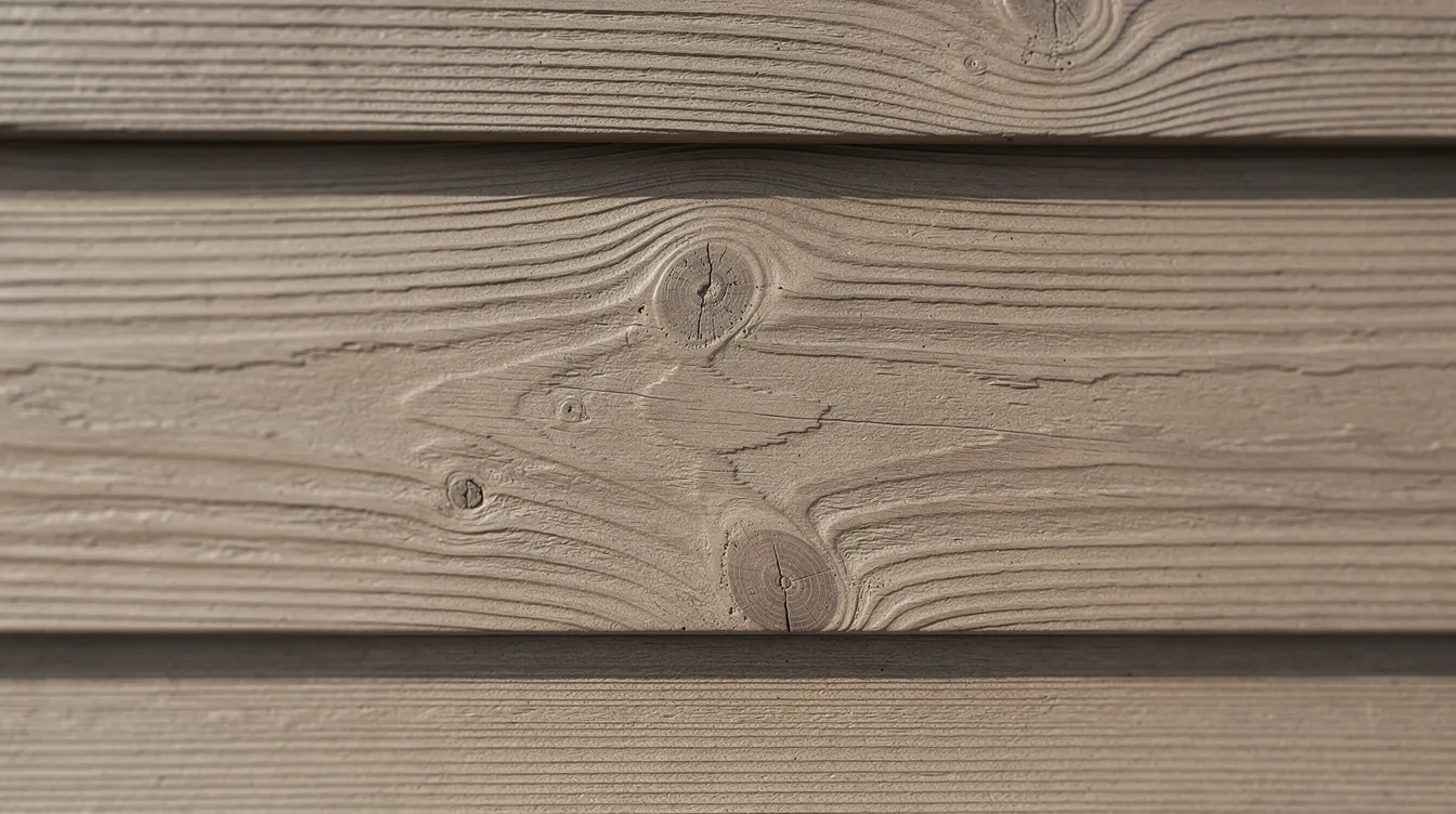 A close-up view of wood-grain siding texture on a renovated home's exterior showcases the aesthetic appeal of fiber cement siding, which offers a wood-like appearance with minimal maintenance. This durable siding option contrasts with vinyl siding and highlights the home's curb appeal while providing energy efficiency and protection against the elements.