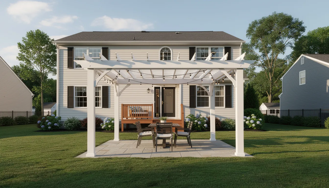 The image depicts a beautifully designed custom pergola in the backyard of a New Jersey style house, enhancing the outdoor living space with its modern structure and durable beams. Surrounded by landscaped gardens, this outdoor structure provides shade and a perfect spot for relaxation and entertaining during the summer months.