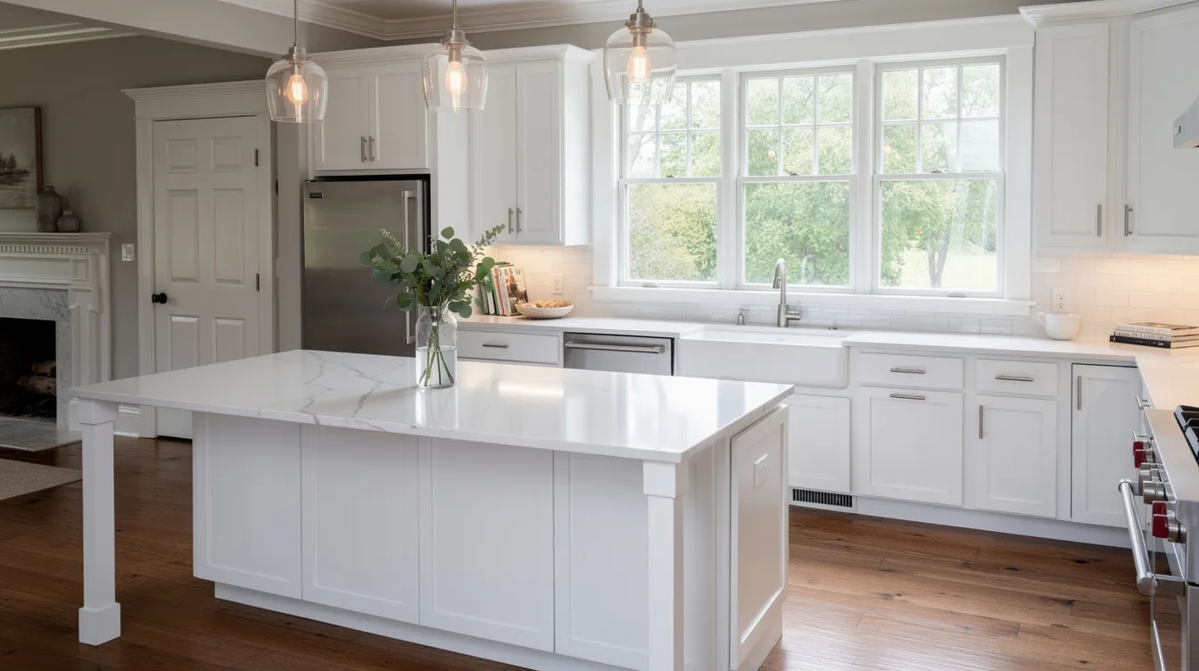 The image depicts a bright, modern kitchen featuring sleek white cabinetry and a spacious island, all situated within a traditional New Jersey colonial home. This inviting kitchen space showcases quality craftsmanship and is ideal for homeowners looking to embark on a kitchen remodeling project.