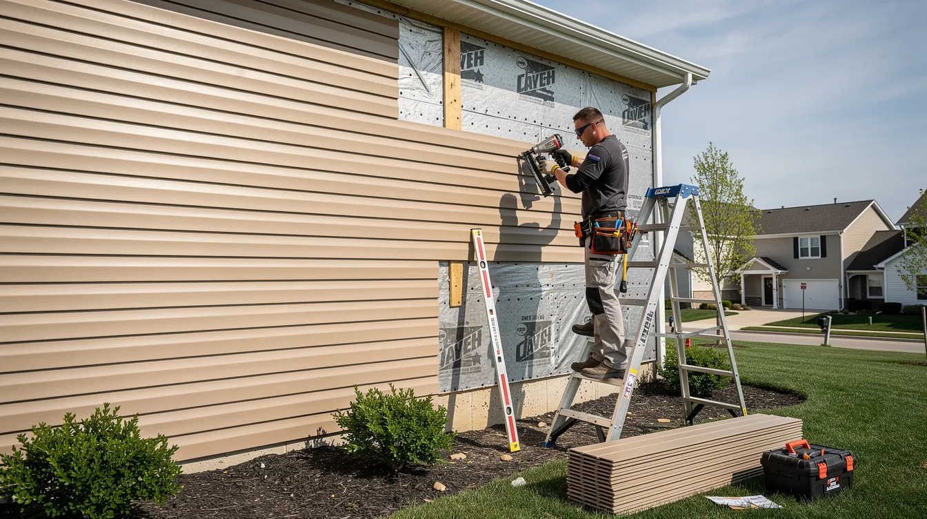 A professional contractor is seen installing new vinyl siding panels on the exterior of a residentia