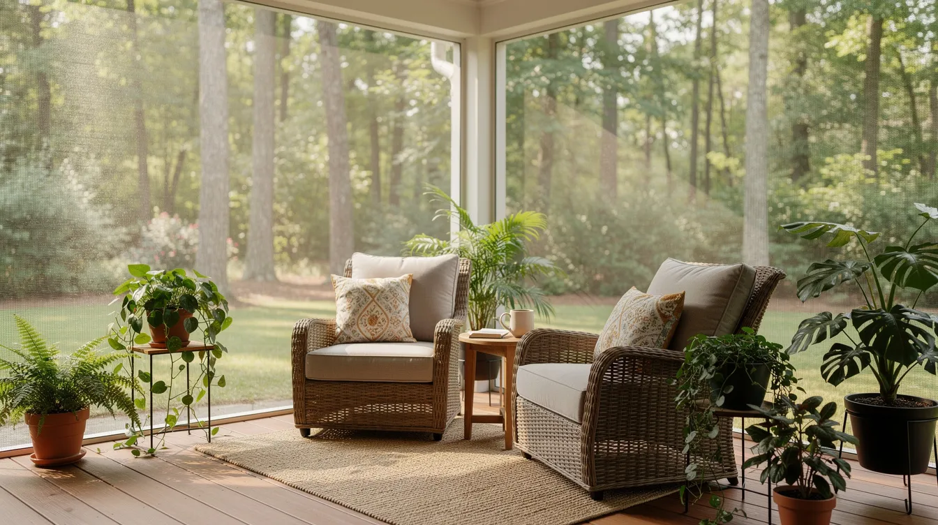Sunlit sunroom with wicker chairs, potted plants, and large windows overlooking a forest