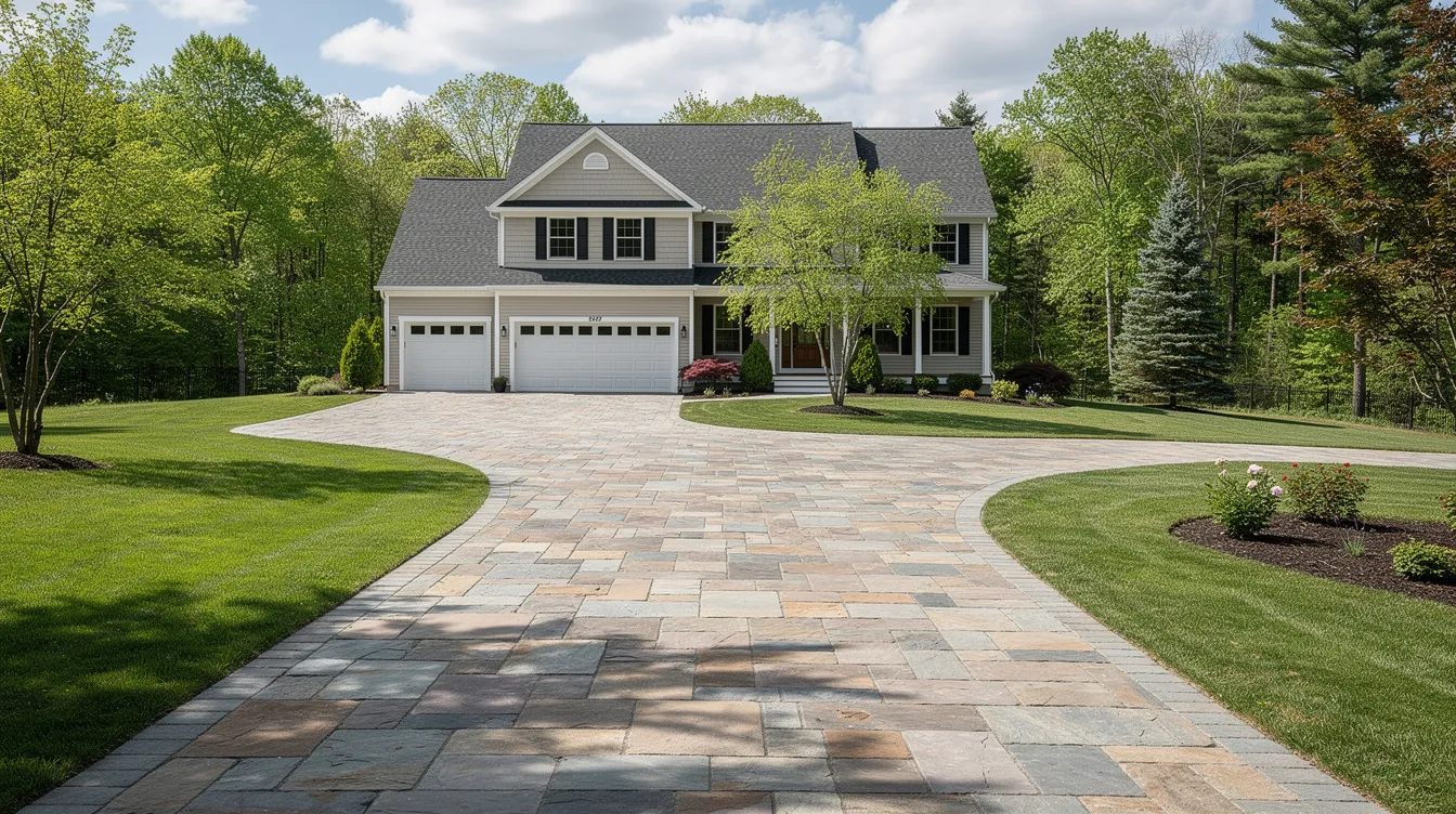 The image depicts a beautifully stone-paved driveway leading up to a home in Sussex County, NJ, showcasing the high-quality masonry work typical of skilled masons in the area. The driveway is complemented by lush landscaping, highlighting the craftsmanship and attention to detail that enhances the property's curb appeal.