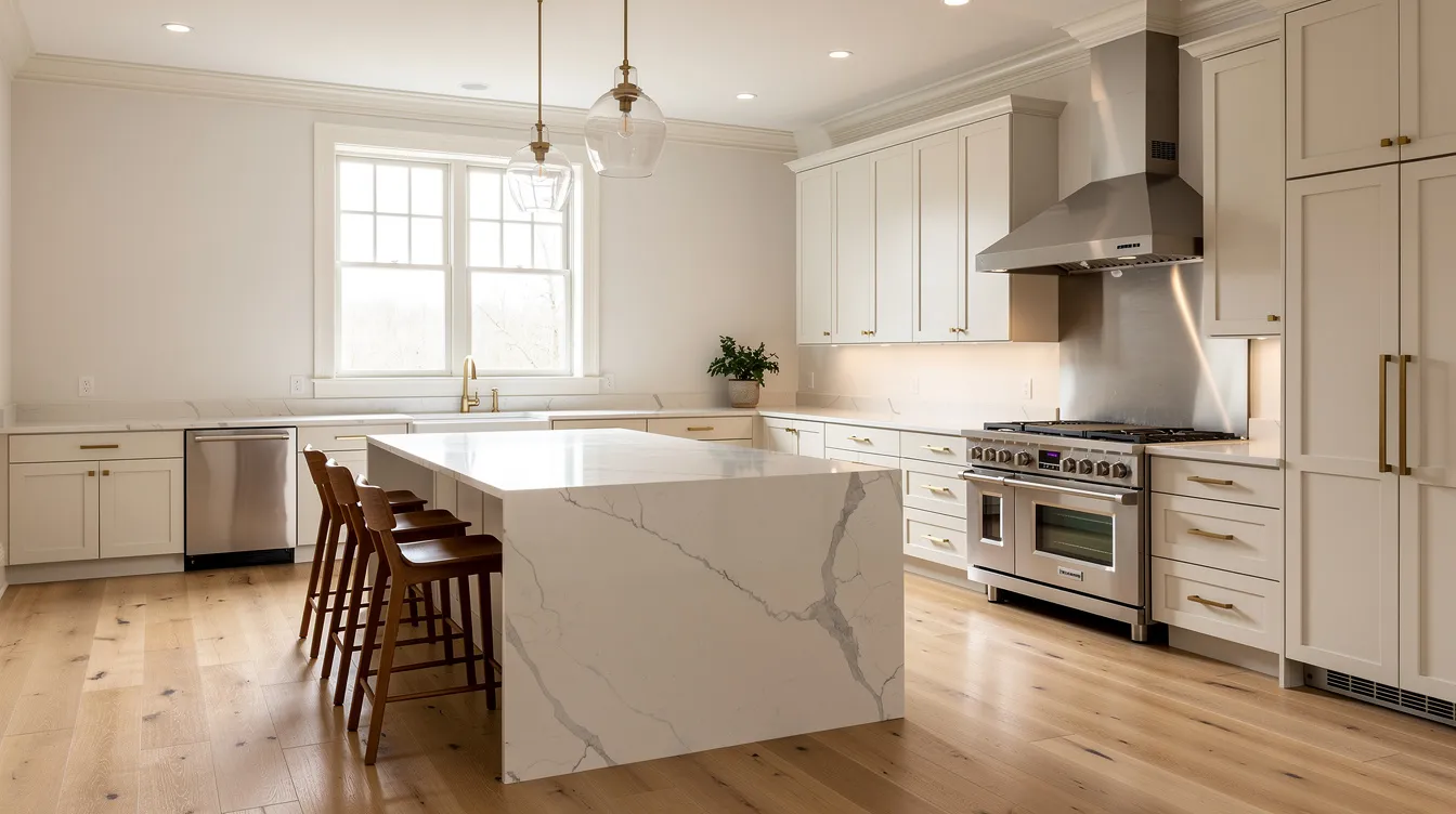 The image depicts a bright, modern kitchen featuring a spacious island, designed as part of a renovation project in a New Jersey colonial-style home. This inviting living space showcases exceptional quality and craftsmanship, ideal for transforming the daily routine of New Jersey homeowners.