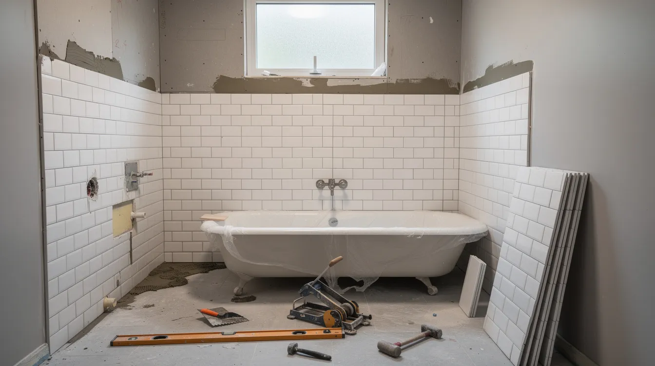 The image depicts a bathroom renovation in progress, showcasing the installation of modern tiles on the walls and floor, which is part of a larger bathroom remodeling project. Tools and materials are visible, highlighting the transformation towards a stylish and functional designer bathroom.