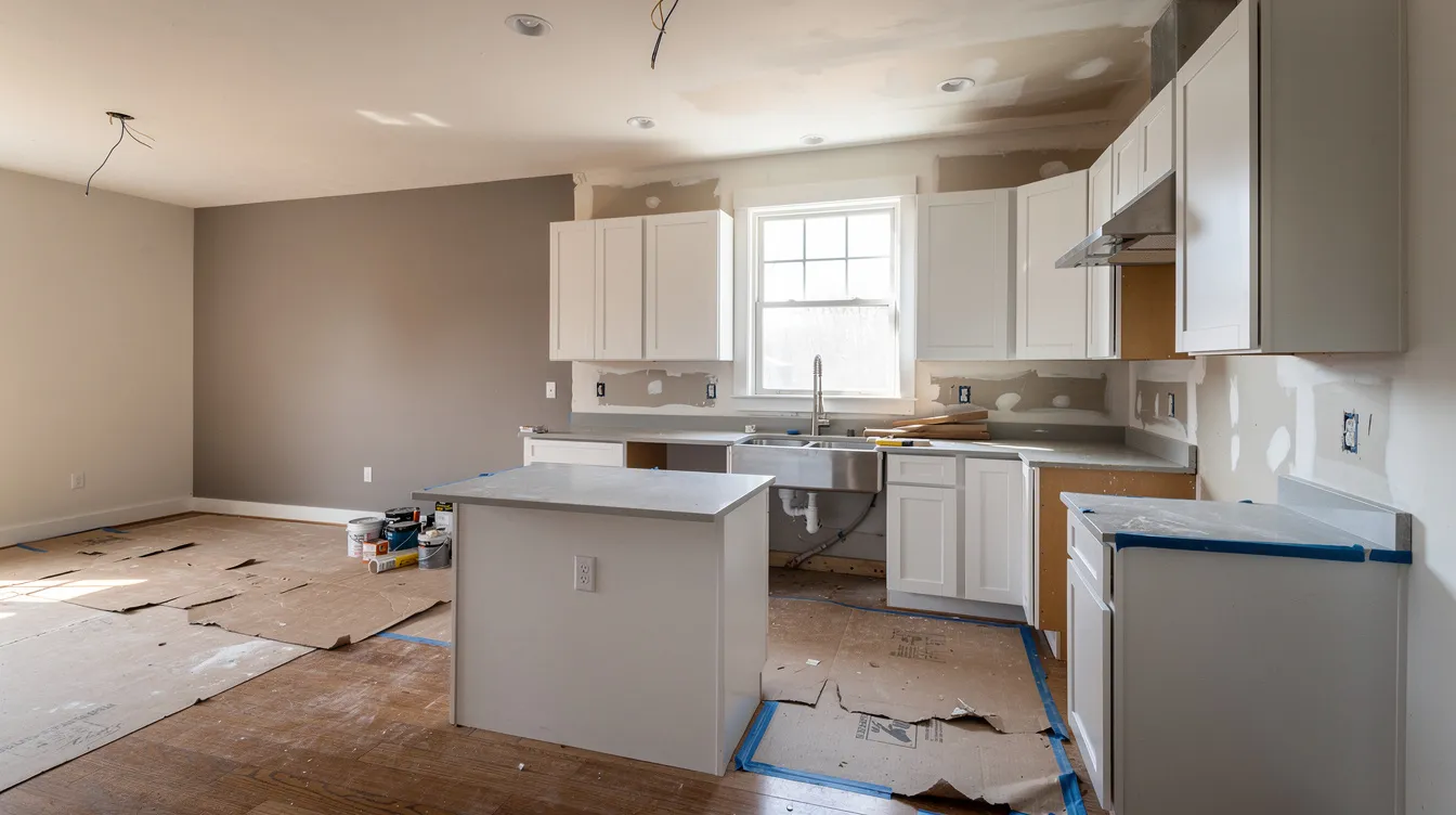The image depicts a kitchen remodel in progress within a typical Sussex County, NJ home, showcasing experienced contractors working on custom kitchen cabinets and flooring. Tools and materials are scattered around, emphasizing the transformation process as the team strives to create a functional and beautiful space for homeowners.