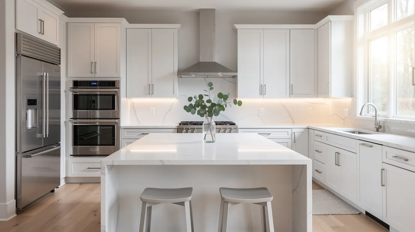 The image showcases a bright, modern kitchen featuring sleek quartz countertops and high-end stainless steel appliances, perfect for any kitchen renovation project. The design emphasizes quality and style, making it an ideal space for homeowners looking to transform their cooking area.