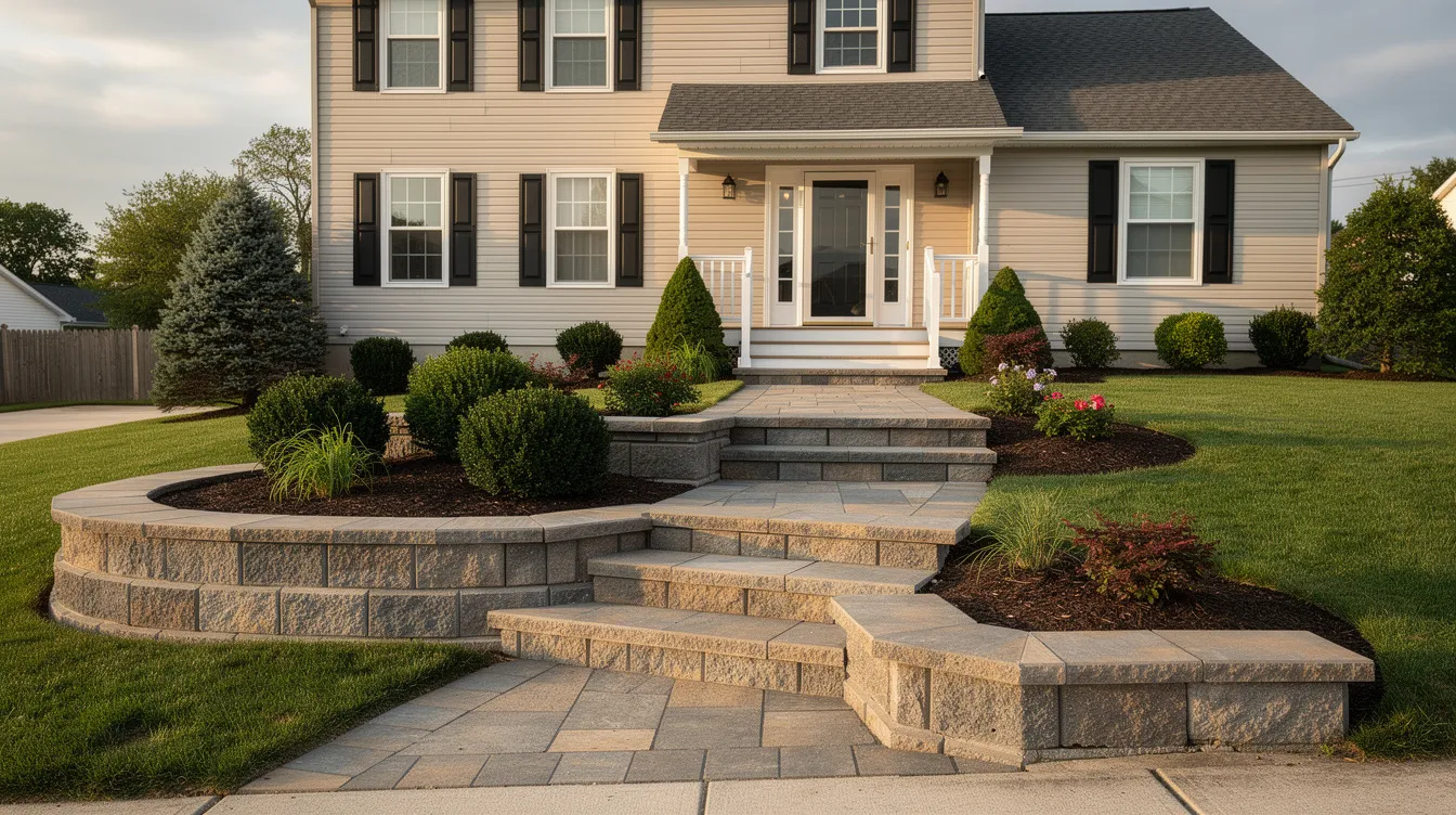 The image depicts customized stone steps leading up to a typical New Jersey home, complemented by a beautifully constructed garden wall made of natural stone. This masonry project showcases quality workmanship and is ideal for enhancing the property's landscaping in Middlesex County, NJ.