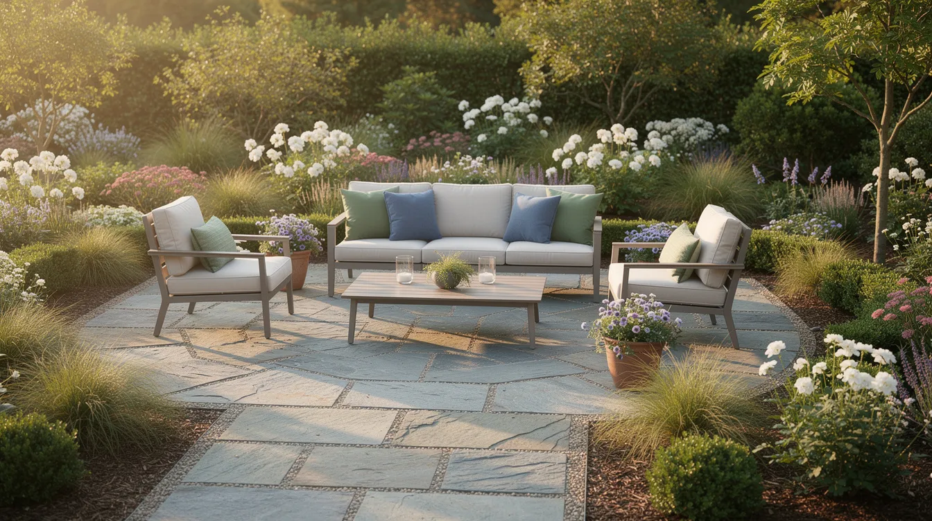 The image depicts a natural bluestone patio designed as an outdoor living space, featuring comfortable seating furniture surrounded by beautifully landscaped garden beds. This patio area showcases a rustic charm with clean lines and a seamless transition to the vibrant garden, creating a tranquil outdoor oasis.