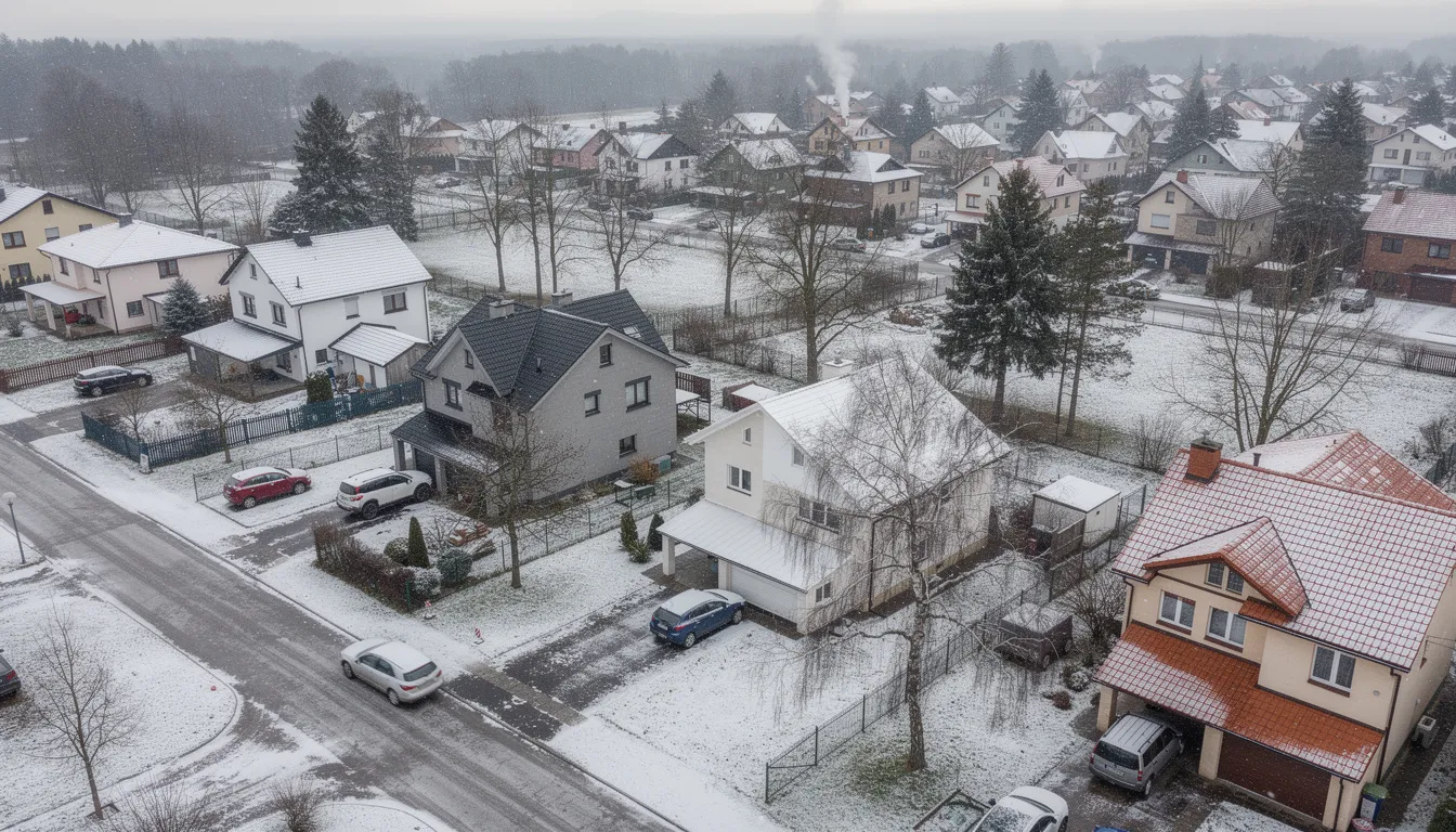 An aerial view showcases a suburban neighborhood blanketed in light snow, featuring homes with diverse roof styles, including asphalt shingles and metal roofing. This picturesque winter scene reflects the residential and commercial roofing solutions that enhance curb appeal and provide long-lasting protection for New Jersey homeowners.