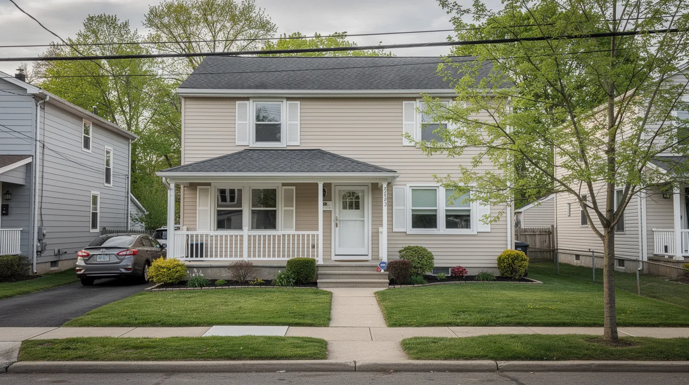 The image depicts a typical Union County, NJ home featuring attractive vinyl siding, showcasing a blend of curb appeal and energy efficiency. The house stands out with its well-maintained exterior, highlighting the quality siding installation that offers long-term protection against various weather conditions.