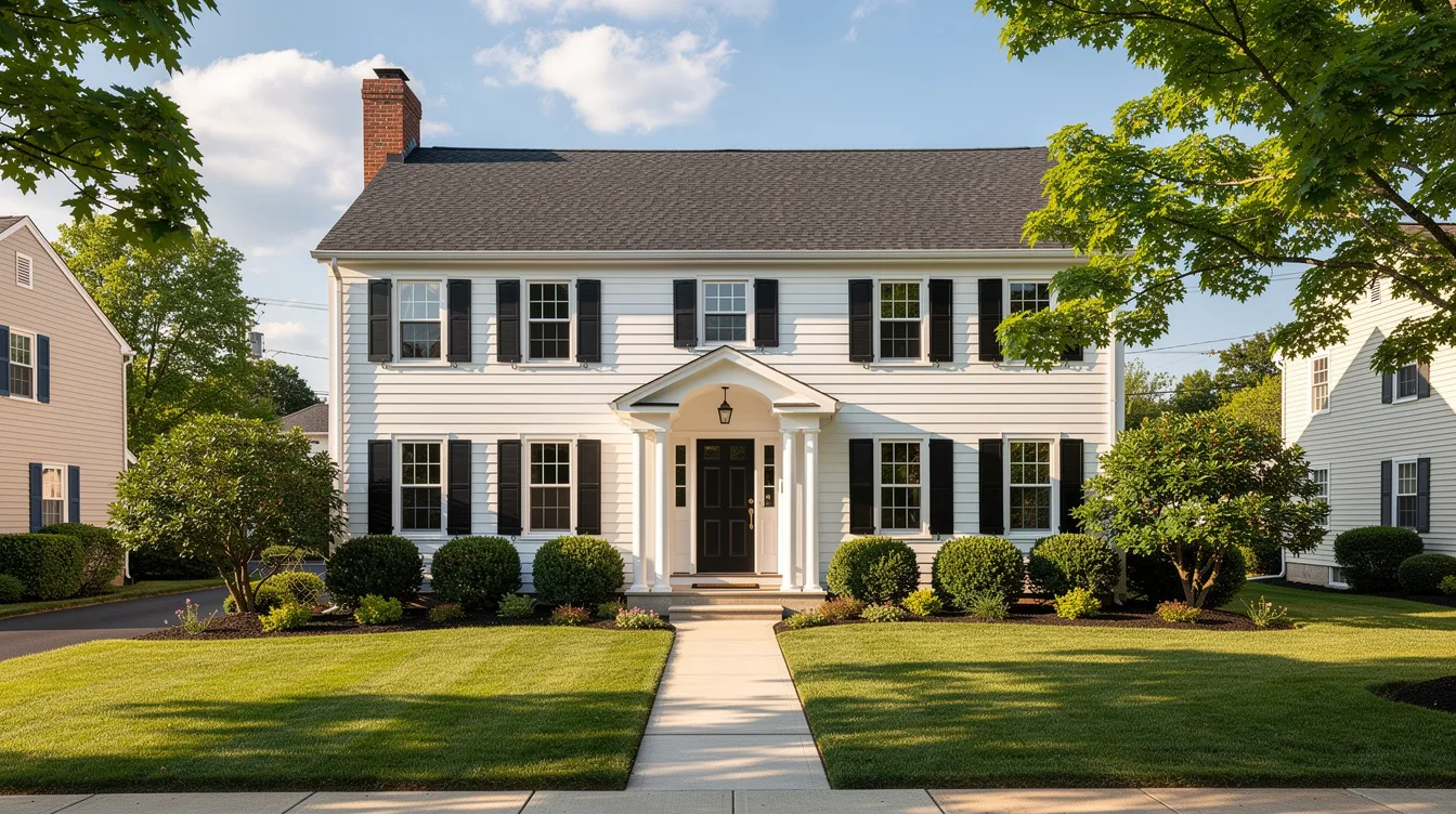 The image features a charming colonial house in New Jersey, showcasing new siding and a freshly installed roof, all under a bright sunny sky. This home remodeling project highlights exceptional craftsmanship, enhancing the home's curb appeal and value.