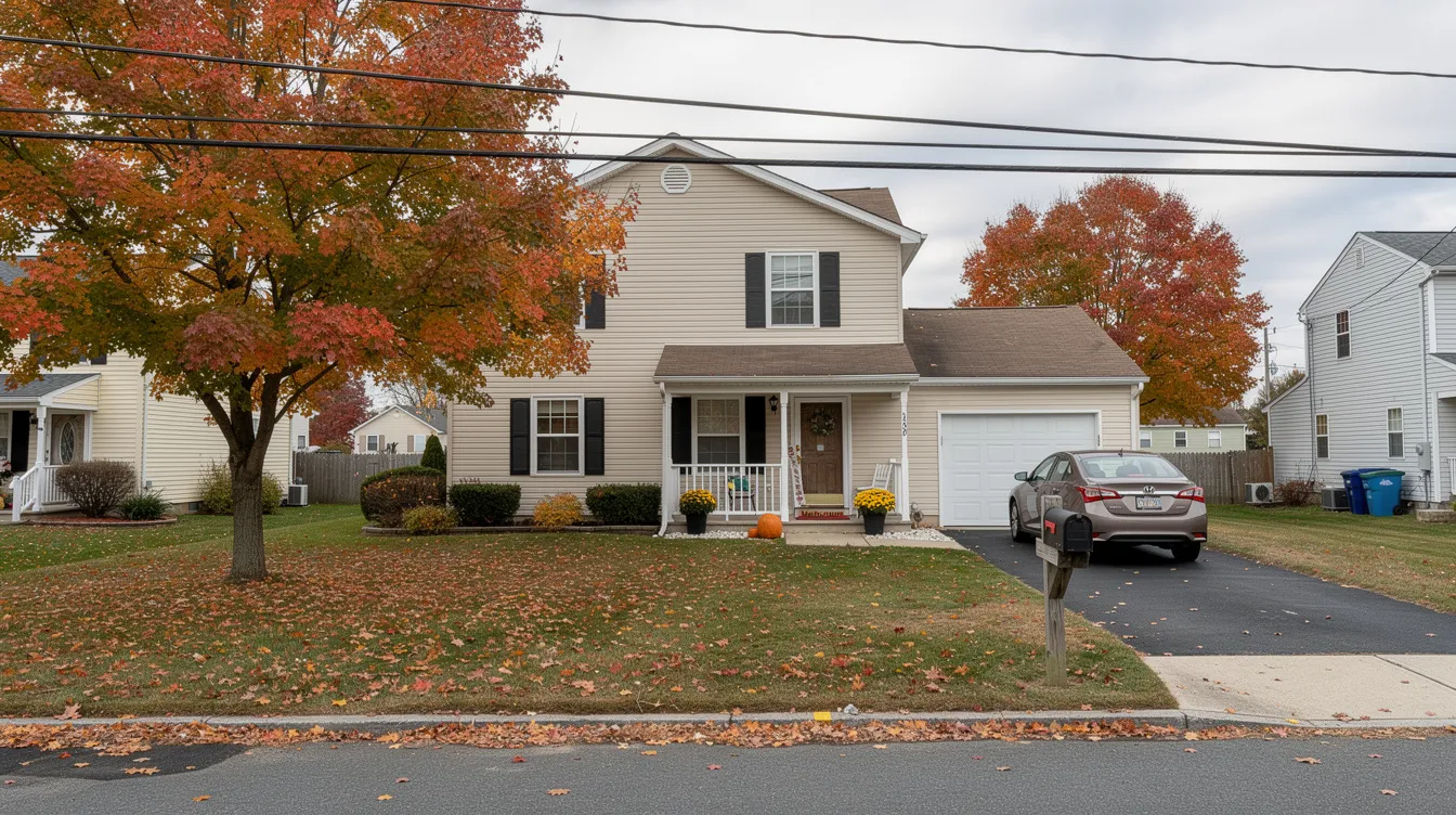 Suburban two-story house with autumn trees, fallen leaves, and a car parked in the driveway