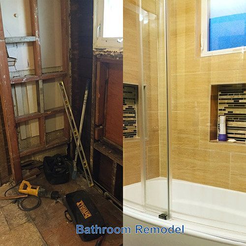Before and after bathroom remodel: rough framing to finished tile, shower door, and recessed shelf.