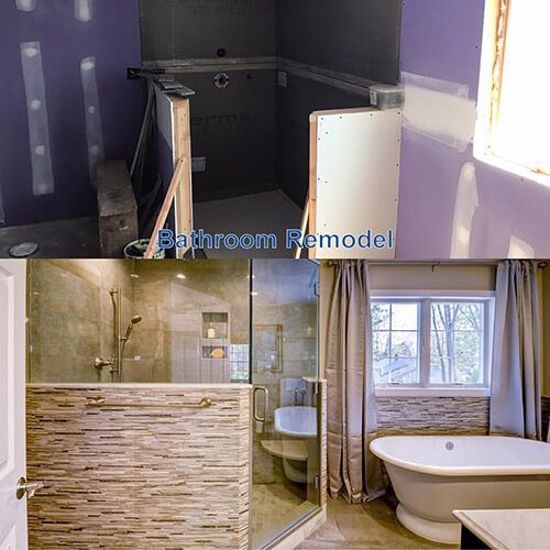 Bathroom remodel: Before and after. Purple walls, construction, and a finished bathroom with tub and shower.